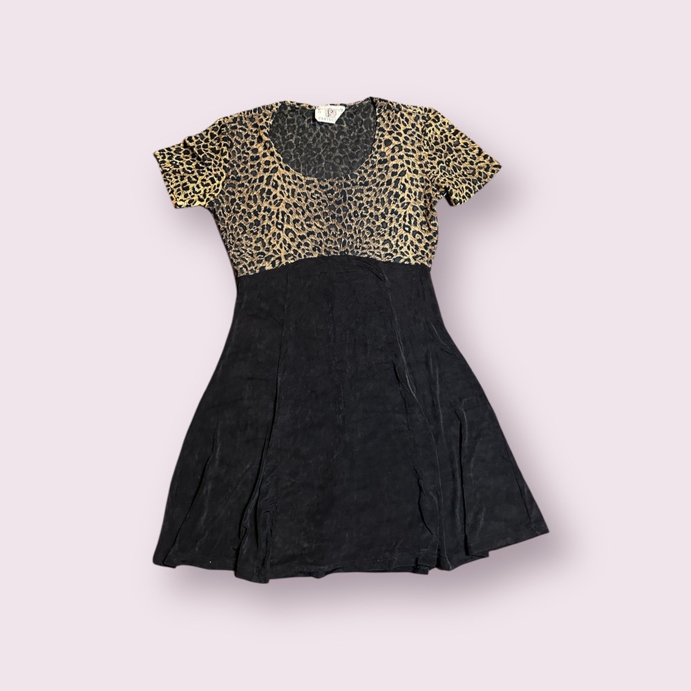 Y2K VINTAGE PARISCOPE LEOPARD PRINT BABYDOLL DRESS A LINE SKIRT EMPIRE WAIST